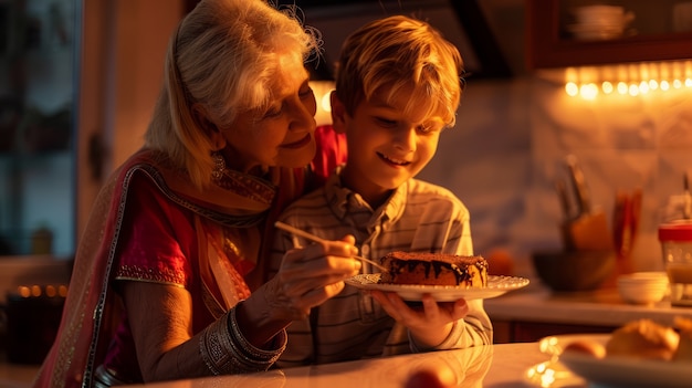 Famiglia media che mangia un delizioso cioccolato