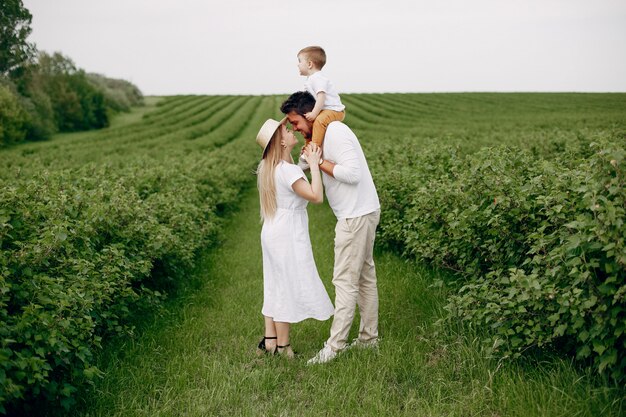 Famiglia sveglia che gioca in un campo estivo