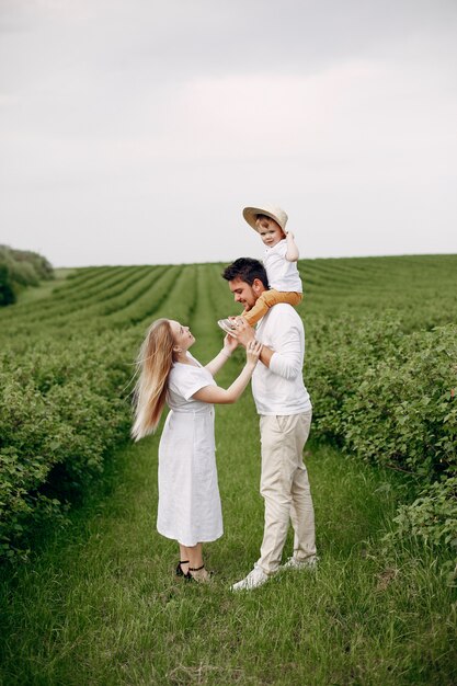 Famiglia sveglia che gioca in un campo estivo