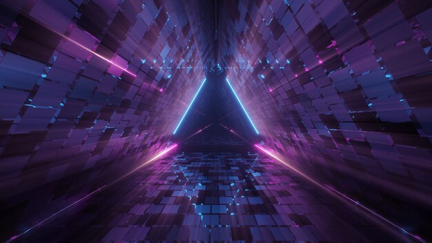 Fantastica figura triangolare geometrica in una luce laser al neon, ideale per gli sfondi