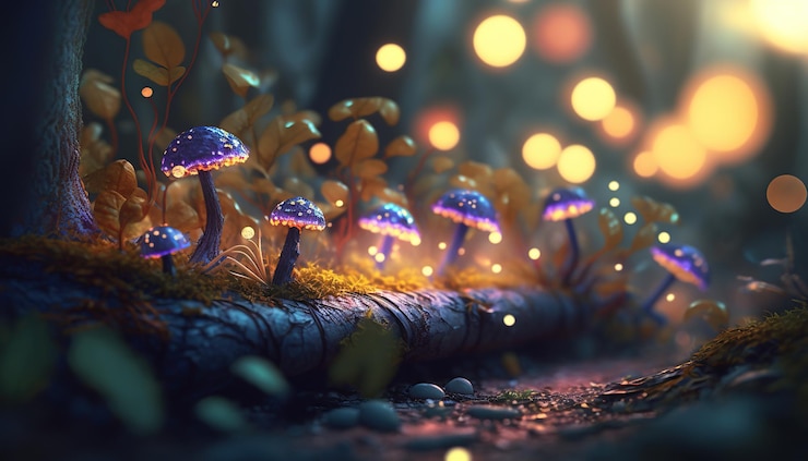 Foto gratuito fantastico paesaggio forestale del paese delle meraviglie con funghi e fiori