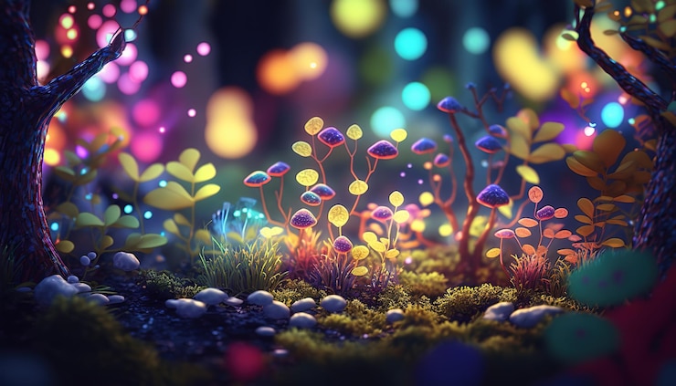 Foto gratuito fantastico paesaggio forestale del paese delle meraviglie con funghi e fiori
