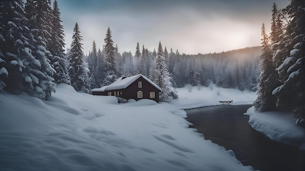 Fantastico paesaggio invernale con casa in legno sulla riva del fiume di montagna