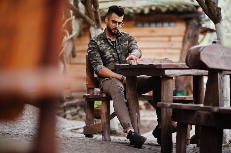 Foto gratuito fantastico uomo macho alto con barba araba in occhiali e giacca militare seduto al tavolo di legno all'aperto del ristorante e guardando il suo telefono