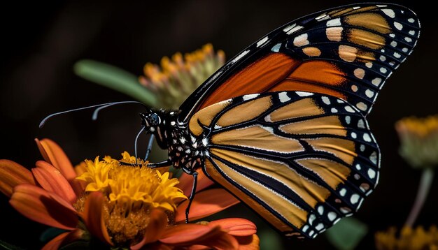 Farfalla monarca dai colori vivaci appollaiata su un fiore generato dall'intelligenza artificiale