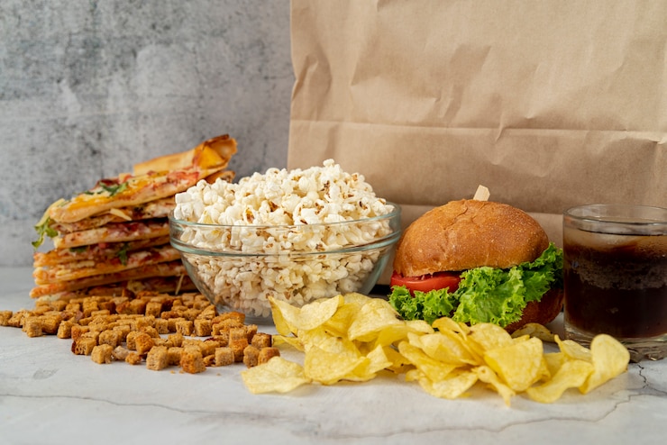 Foto gratuito fast food in vista anteriore sul tavolo