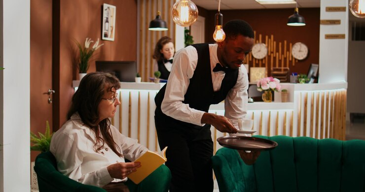 Foto gratuito fattorino che serve una tazza di caffè alla donna