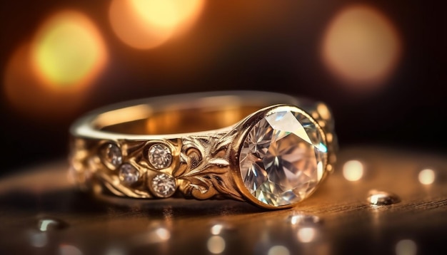 Fede nuziale in oro lucido con gemma di diamante generata dall'intelligenza artificiale