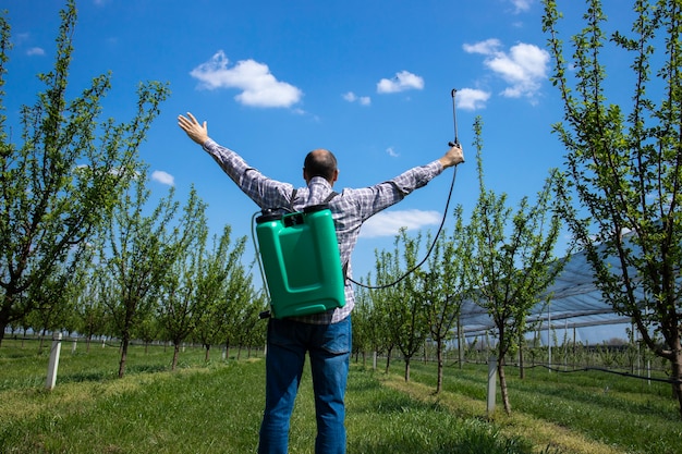 Felice agricoltore agronomo con spruzzatore e mani alzate per celebrare il successo nel frutteto di mele