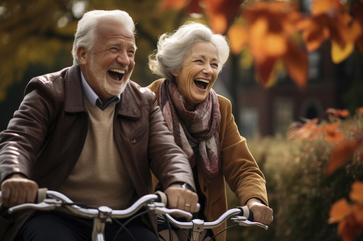 Foto gratuito felice coppia di anziani che vanno in bicicletta insieme all'aperto