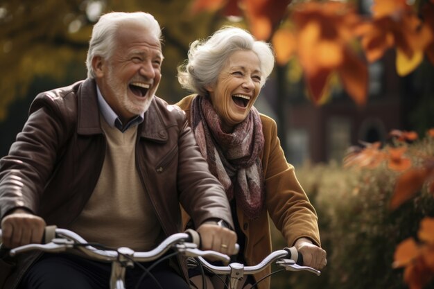 Felice coppia di anziani che vanno in bicicletta insieme all'aperto