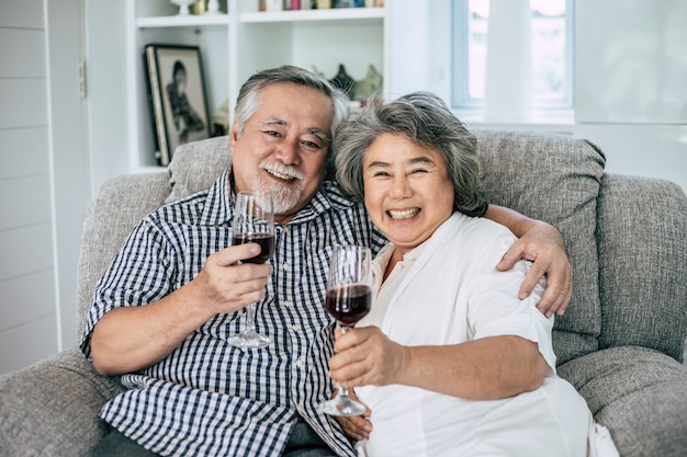 Felice donna anziana e suo marito bere vino e felicità