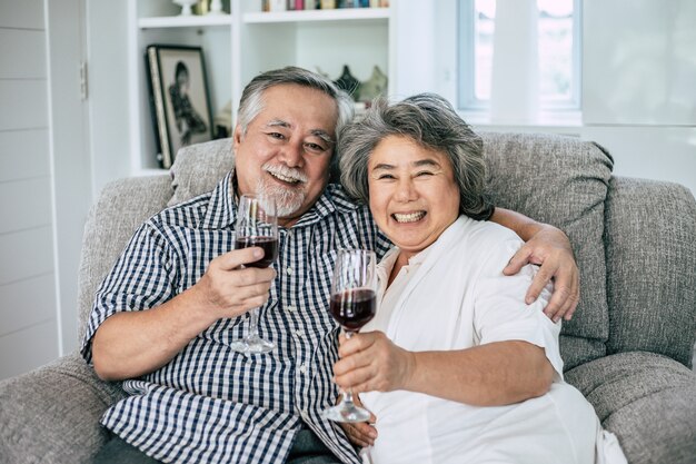 Felice donna anziana e suo marito bere vino e felicità