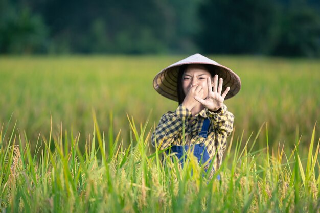 Felice femmina asiatica scrivere note nelle risaie
