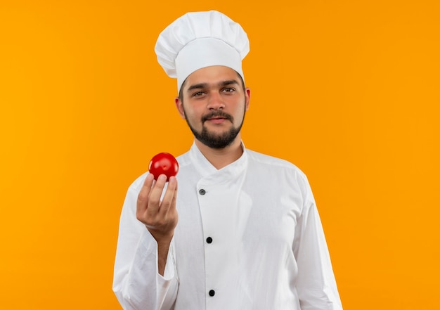 Felice giovane cuoco maschio in uniforme del cuoco unico che tiene il pomodoro che sembra isolato sullo spazio arancione