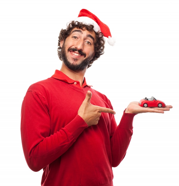 Felice l&#39;uomo con una macchina e un cappello della Santa