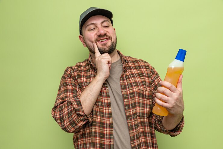 Foto gratuito felice uomo delle pulizie slavo che tiene in mano e guarda il detersivo per piatti