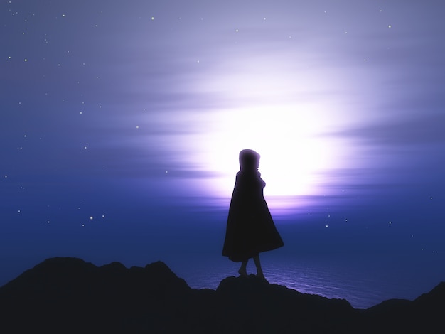 Femmina 3D in mantello contro un cielo notturno stellato