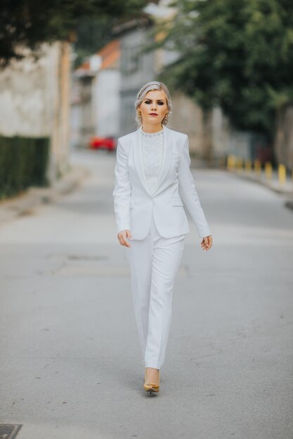 Femmina caucasica alla moda elegante in un vestito bianco grazioso e pantaloni che posano per il servizio fotografico di moda