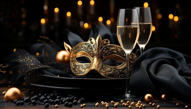 Festa di lusso con decorazioni color oro champagne ed eleganti maschere generate dall'intelligenza artificiale