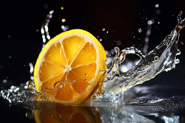 Fetta di limone in una spruzzata succhi di acqua che cade gocce