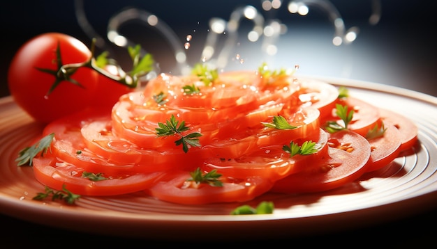 Fetta di pomodoro fresco su insalata vegetariana gourmet sana e rinfrescante generata dall'intelligenza artificiale