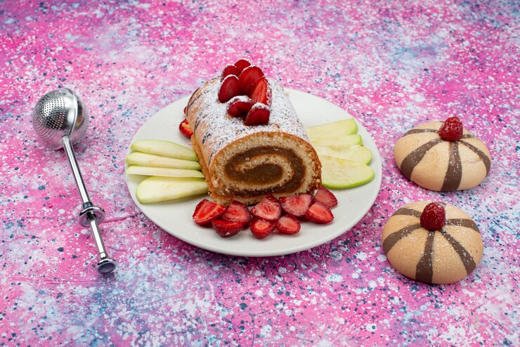 Foto gratuito fette del dolce del rotolo di vista vicina della parte anteriore dentro il piatto bianco con le fragole sullo scrittorio colorato