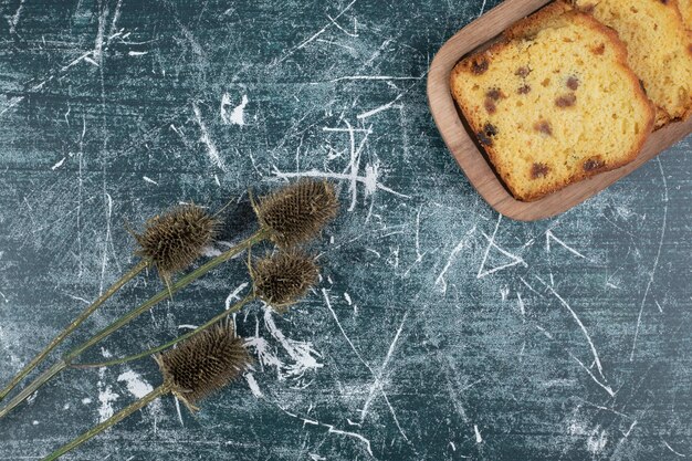 Fette di torta con uvetta e pianta sulla parete di marmo.