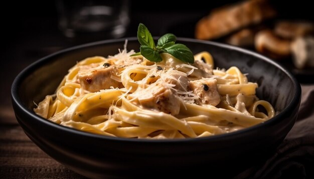 Fettuccine fatte in casa con salsa cremosa ai frutti di mare generata da AI