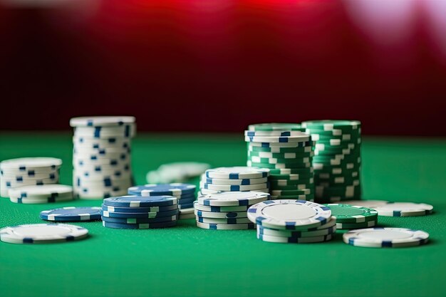 Fiches del casinò sulla superficie del tavolo verde con copyspace Ai generativo