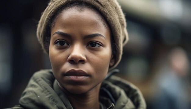 Fiduciosa giovane donna afroamericana sorridente all'aperto generata dall'intelligenza artificiale