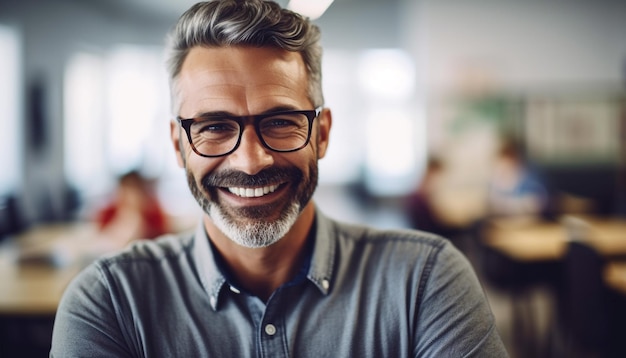 Fiducioso uomo d'affari con la barba che sorride alla macchina fotografica generata dall'intelligenza artificiale