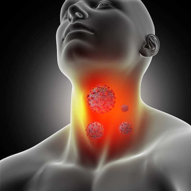 figura medica maschile con mal di gola e cellule di coronavirus