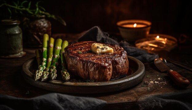 Filetto di bistecca alla griglia con asparagi e salsa generata da AI