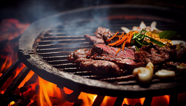 Filetto di carne alla griglia su griglia barbecue sfrigolante generata dall'intelligenza artificiale