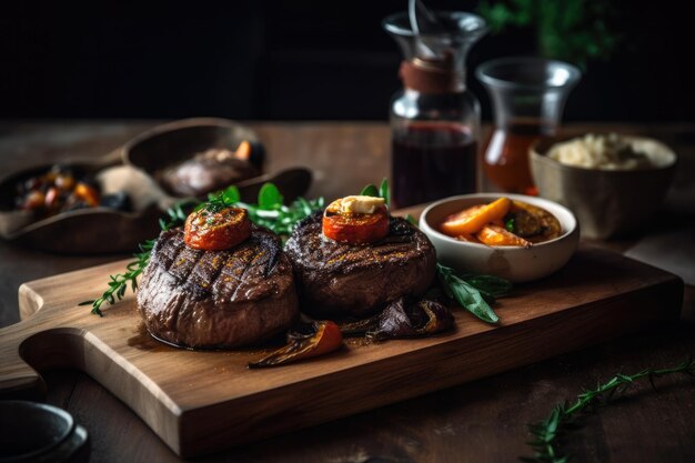 Filetto di grigliata succosa mignon con burro su tavola in legno rustico con verdure Ai generative