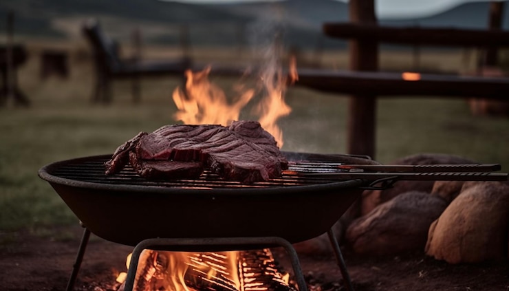 Foto gratuito filetto di manzo alla griglia su barbecue estivo allo spiedo generato da ai