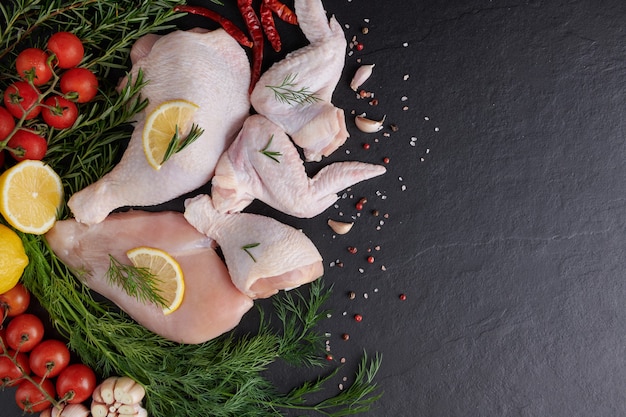 filetto di pollo crudo con aglio, pepe e rosmarino su legno sul tagliere.