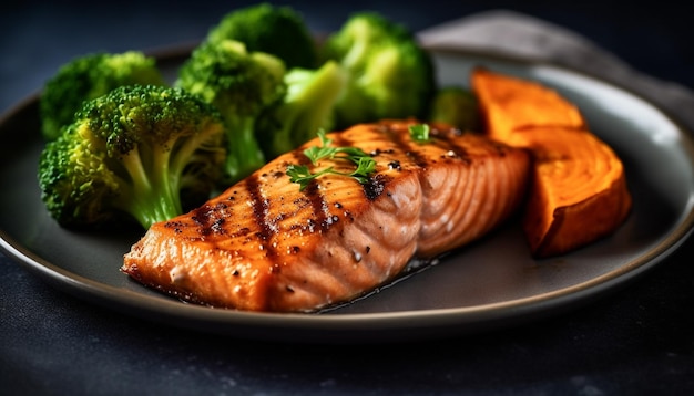 Filetto di salmone alla griglia con asparagi e broccoli generato da AI