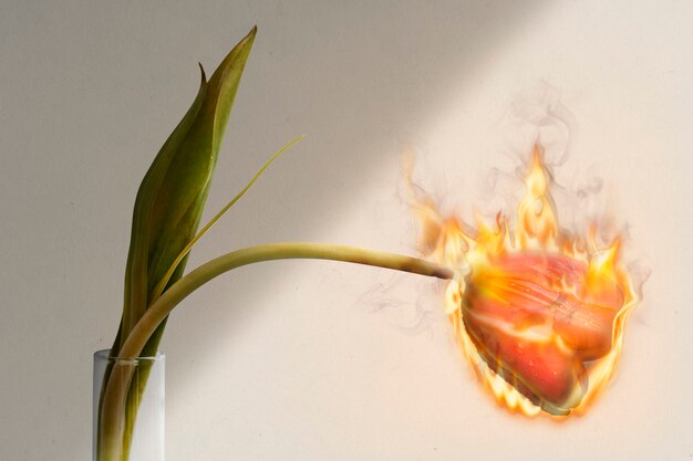 Fiore di tulipano in fiamme, estetica del fuoco, remix ambientale con effetto fuoco