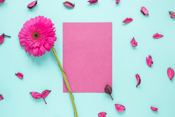 Foto gratuito fiore rosa gerbera con carta sul tavolo