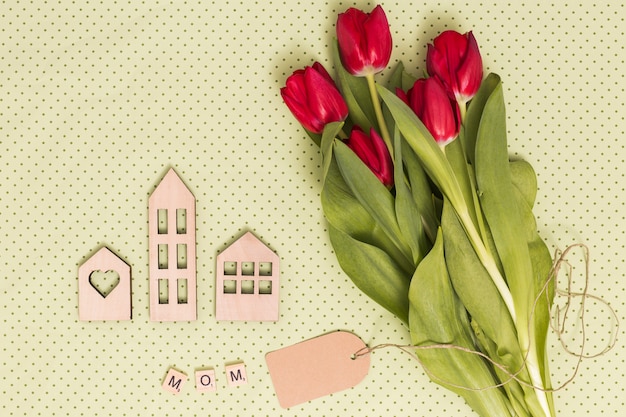 Fiore tulipano rosso; modelli di case; cartellino del prezzo; e mamma parola alfabeto su sfondo giallo