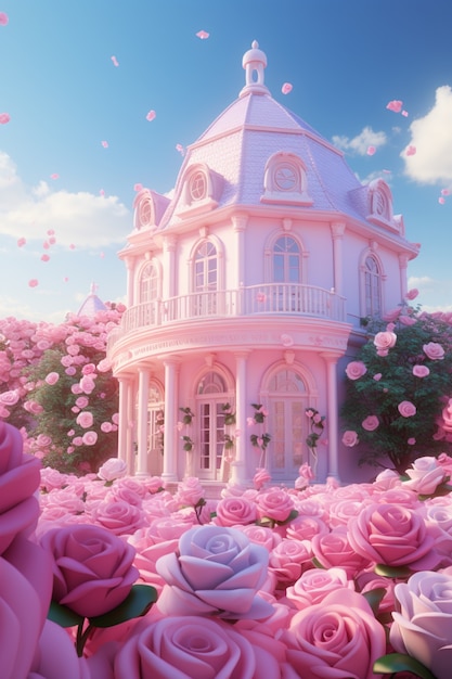 Fiori di rosa 3d con casa di fantasia