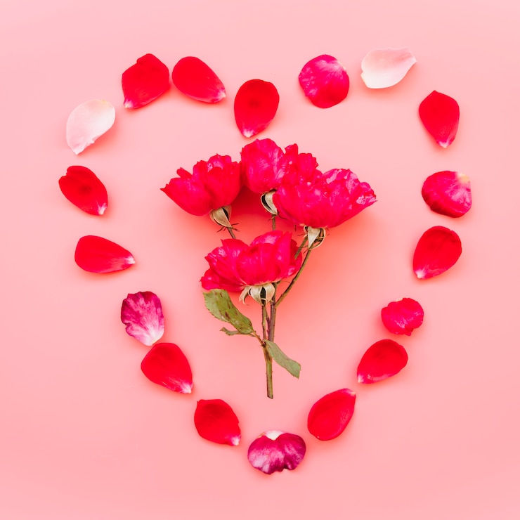 Foto gratuito fiori tra il simbolo del cuore di petali rossi