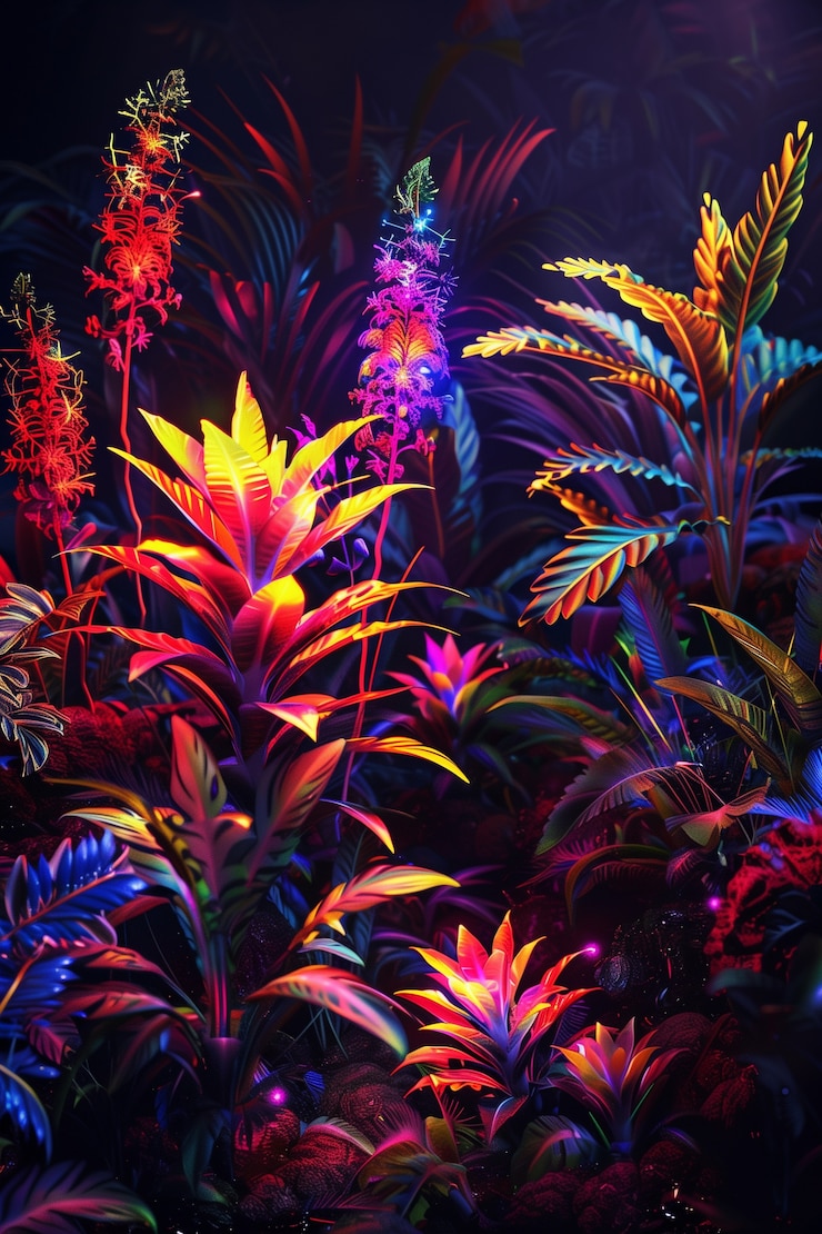 Foto gratuito fiori tropicali al neon surreali