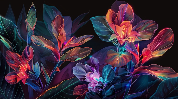 Foto gratuito fiori tropicali al neon surreali