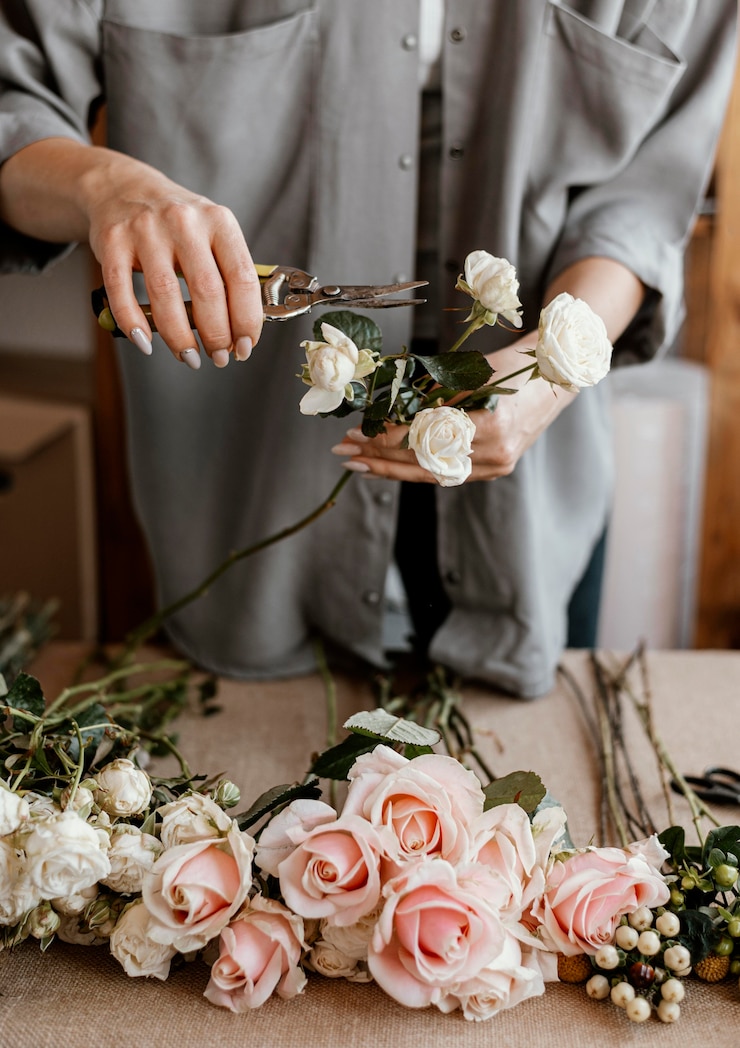 Foto gratuito fiorista che fa un bellissimo bouquet floreale
