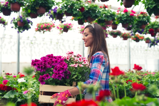 Fiorista femminile che lavora nel centro del giardino della serra