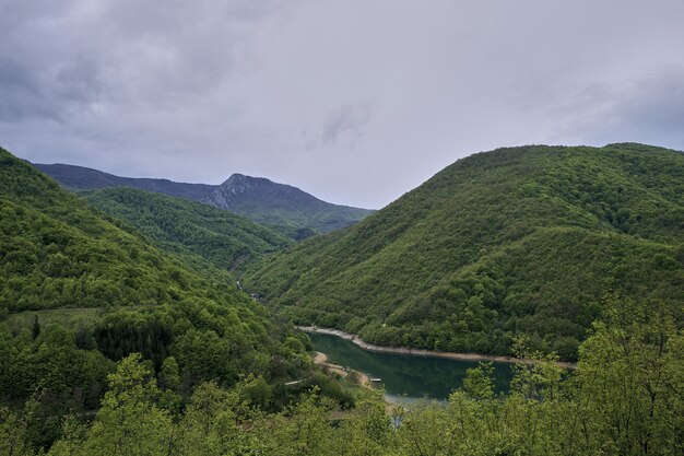 Fiume circondato da montagne coperte di foreste sotto un cielo nuvoloso