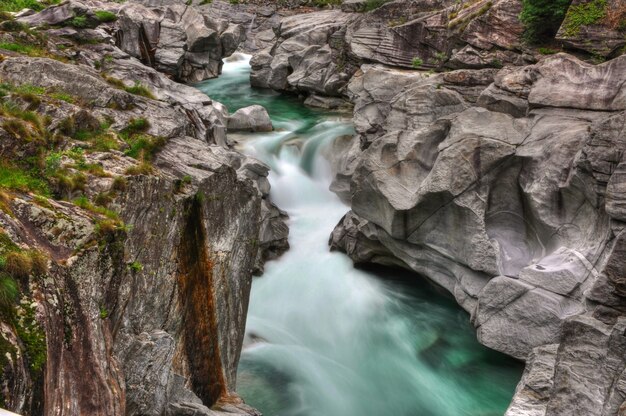 Fiume circondato da rocce ricoperte di muschi nella Valle Verzasca in Svizzera
